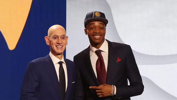 Bilal Coulibaly with NBA commissioner Adam Silver after being selected seventh by the Indiana Pacers in the first round of the 2023 NBA Draft at Barclays Arena. 
